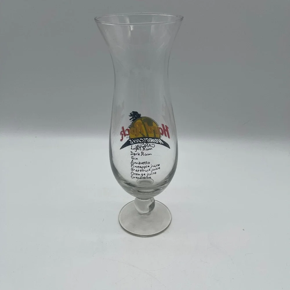 Hard Rock Cafe Cancun Hurricane Glass Souvenir Barware Drink Recipe Logo Clear